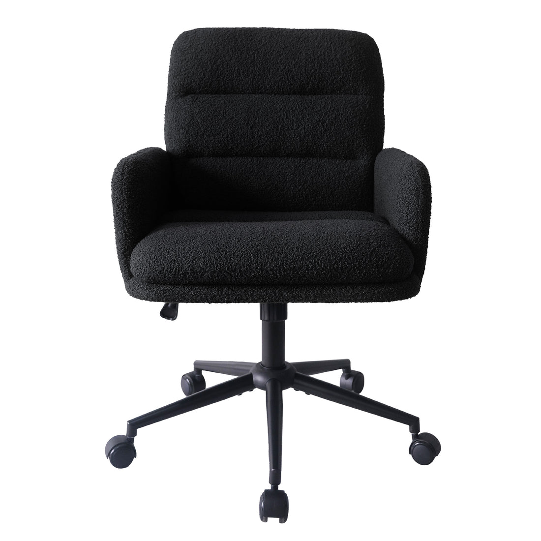 Luxo Aglaya Boucle Swivel Office Chair in Black with plush black boucle upholstery, mid-back design, padded armrests, five-star metal base with caster wheels, and height-adjustment lever for ergonomic comfort.