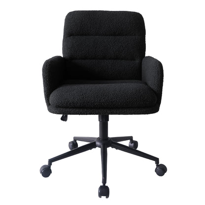 Luxo Aglaya Boucle Swivel Office Chair in Black with plush black boucle upholstery, mid-back design, padded armrests, five-star metal base with caster wheels, and height-adjustment lever for ergonomic comfort.