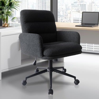 Luxo Aglaya Boucle Swivel Office Chair in Black, featuring plush boucle upholstery, padded armrests, contoured seat, and five-star metal base with caster wheels, ideal for modern office settings.