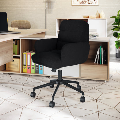 Aglaya Boucle Swivel Office Chair – Black | Luxo Living, featuring a sleek design with ergonomic padded seat, boucle upholstery, and sturdy metal base with castor wheels, placed in an office setting.
