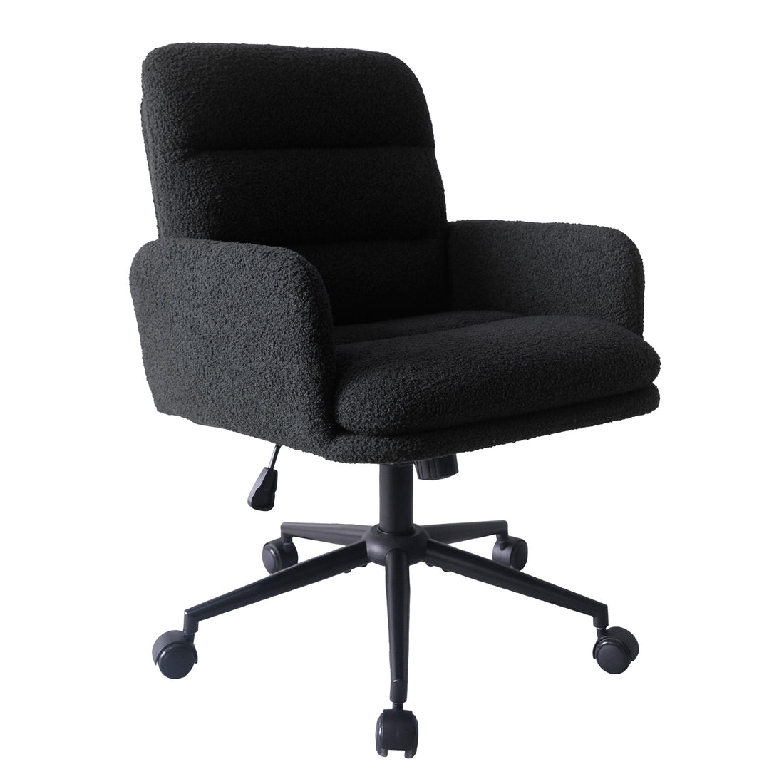 Luxo Aglaya Boucle Swivel Office Chair in Black, featuring a mid-back design, padded armrests, plush channel-tufted cushions, and a five-star metal base with caster wheels, offering ergonomic comfort and style.