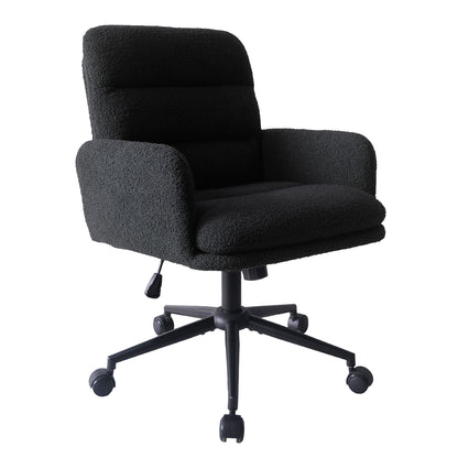 Luxo Aglaya Boucle Swivel Office Chair in Black, featuring a mid-back design, padded armrests, plush channel-tufted cushions, and a five-star metal base with caster wheels, offering ergonomic comfort and style.