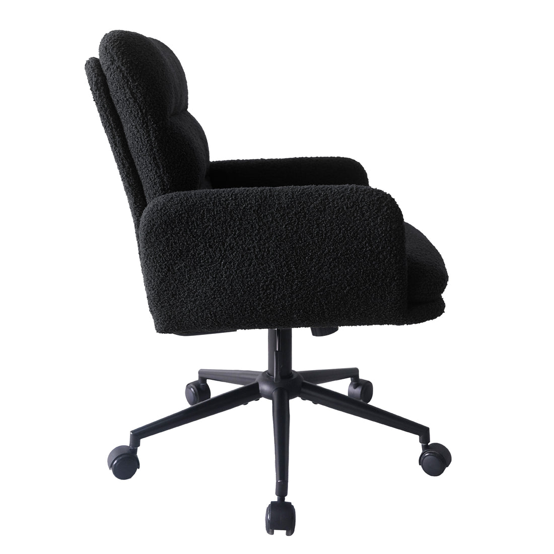 Luxo Aglaya Boucle Swivel Office Chair in Black features a textured fabric, cushioned backrest, and armrests. It includes a five-star base with caster wheels for mobility and ergonomic design.