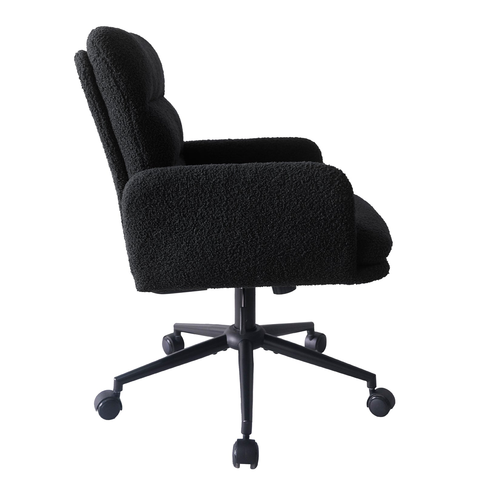 Luxo Aglaya Boucle Swivel Office Chair in Black features a textured fabric, cushioned backrest, and armrests. It includes a five-star base with caster wheels for mobility and ergonomic design.