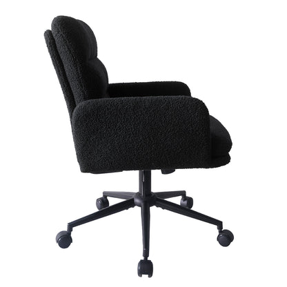 Luxo Aglaya Boucle Swivel Office Chair in Black features a textured fabric, cushioned backrest, and armrests. It includes a five-star base with caster wheels for mobility and ergonomic design.
