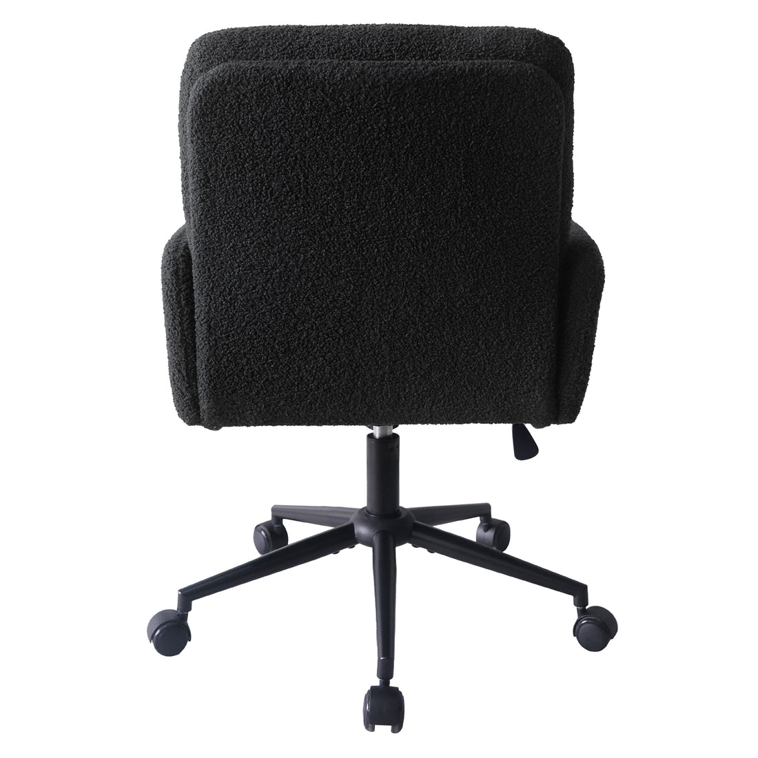Luxo Aglaya Boucle Swivel Office Chair in Black, showcasing its plush boucle fabric, ergonomic backrest, short armrests, pneumatic height-adjustment lever, and sturdy five-spoke metal base with caster wheels.
