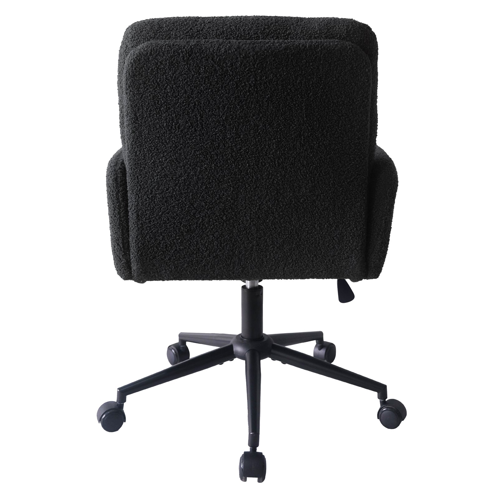 Luxo Aglaya Boucle Swivel Office Chair in Black, showcasing its plush boucle fabric, ergonomic backrest, short armrests, pneumatic height-adjustment lever, and sturdy five-spoke metal base with caster wheels.