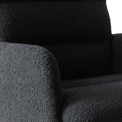 Close-up of the Luxo Aglaya Boucle Swivel Office Chair in Black, showcasing its curved armrest, seat cushion, and back, all covered in plush, textured boucle fabric for a chic and comfortable design.