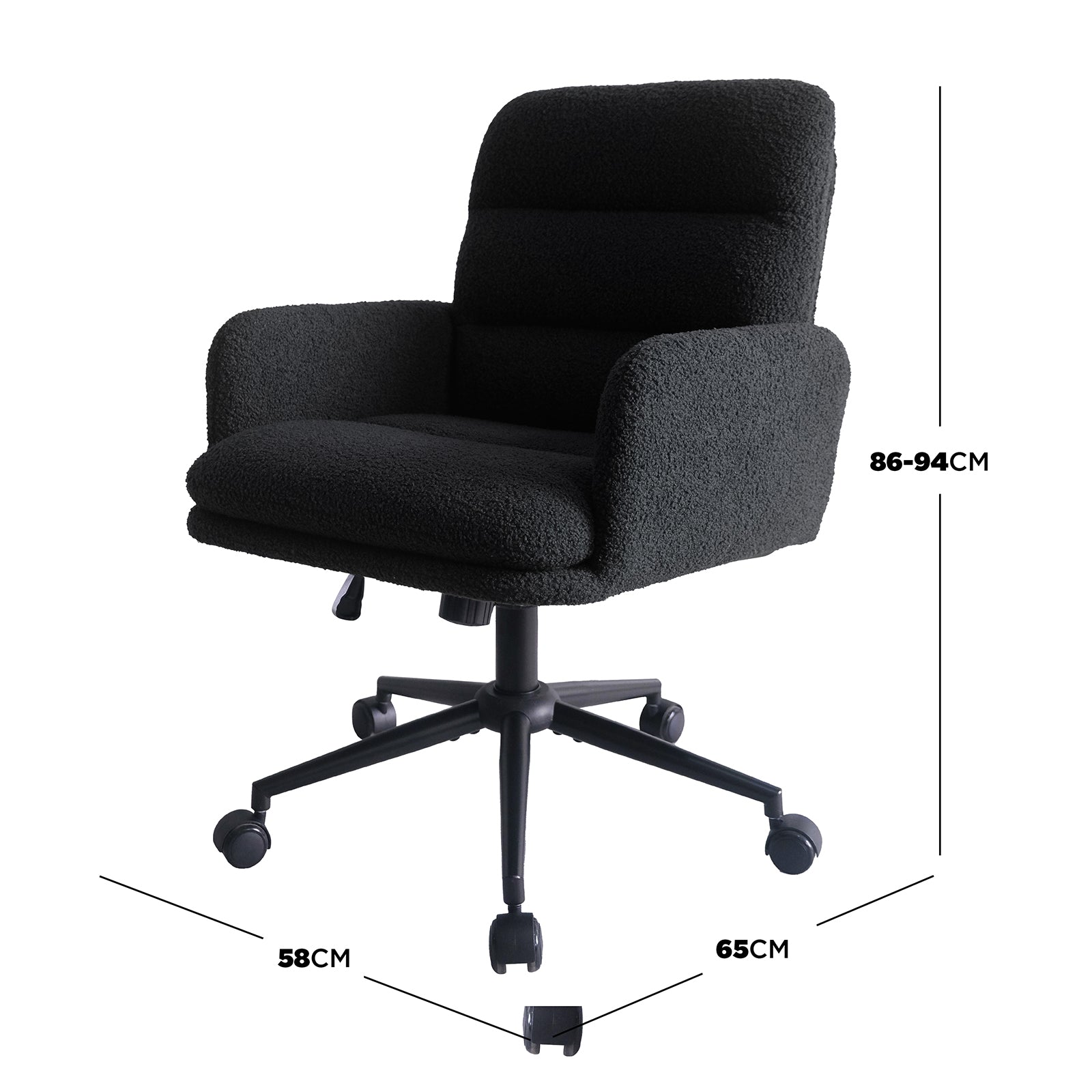 Aglaya Boucle Swivel Office Chair – Black | Luxo Living: Close-up of a black office chair featuring a boucle fabric finish, armrests, and castor wheels, highlighting its ergonomic design and modern elegance.