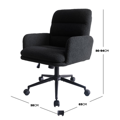 Aglaya Boucle Swivel Office Chair – Black | Luxo Living: Close-up of a black office chair featuring a boucle fabric finish, armrests, and castor wheels, highlighting its ergonomic design and modern elegance.