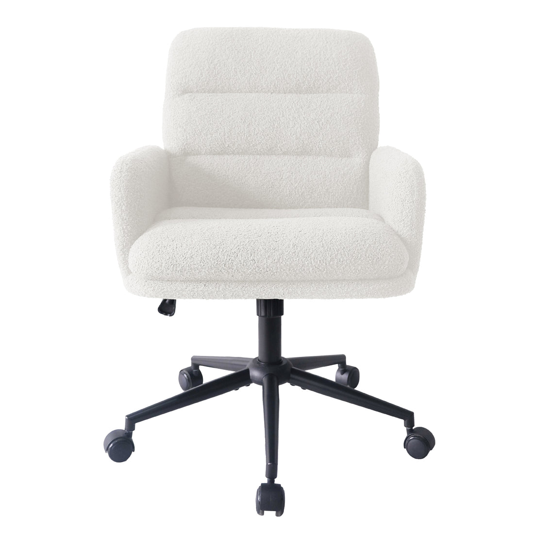 Luxo Aglaya Boucle Swivel Office Chair in Cream White features a padded boucle seat and armrests on a black caster base, offering ergonomic support and adjustable height with 360° swivel.