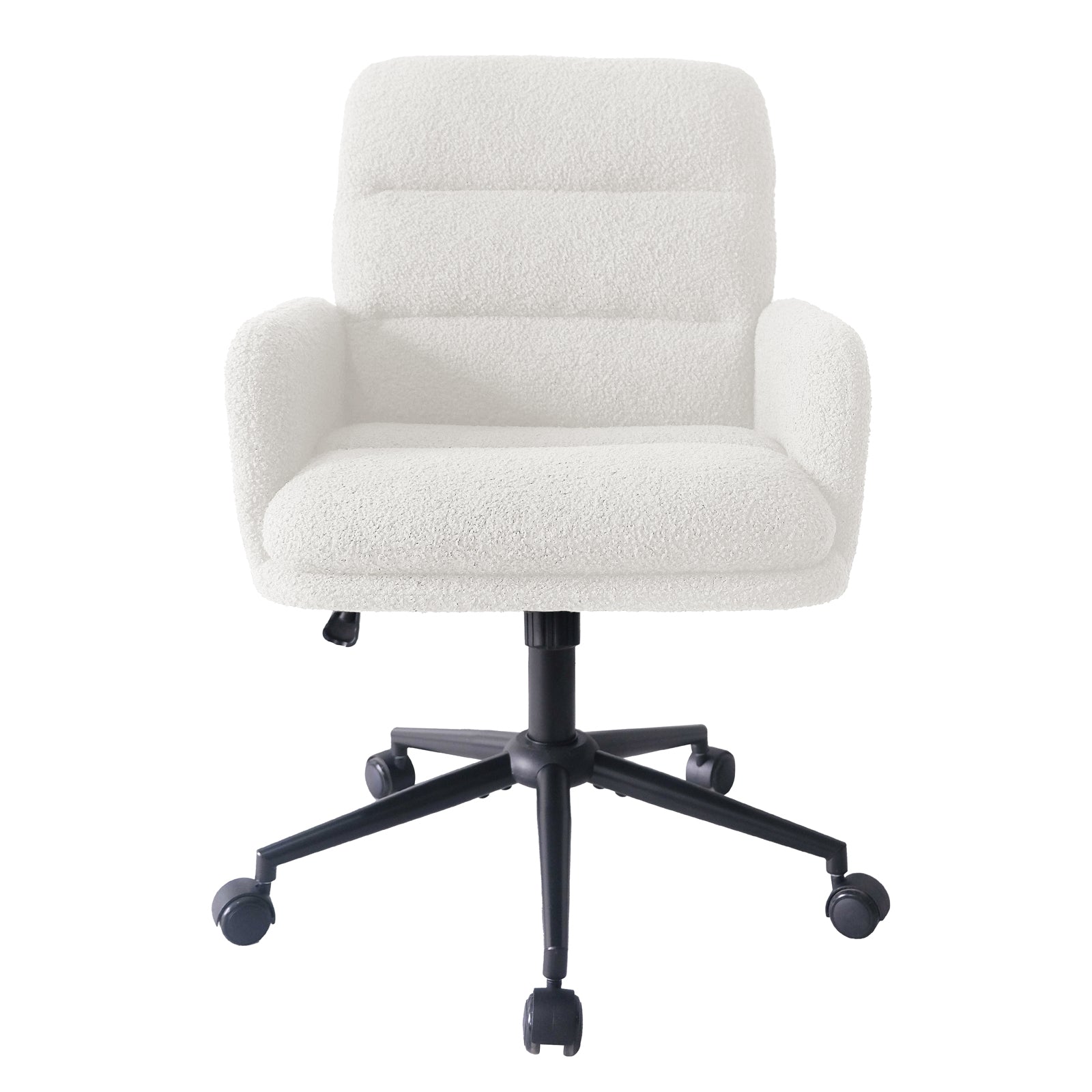 Luxo Aglaya Boucle Swivel Office Chair in Cream White features a padded boucle seat and armrests on a black caster base, offering ergonomic support and adjustable height with 360° swivel.