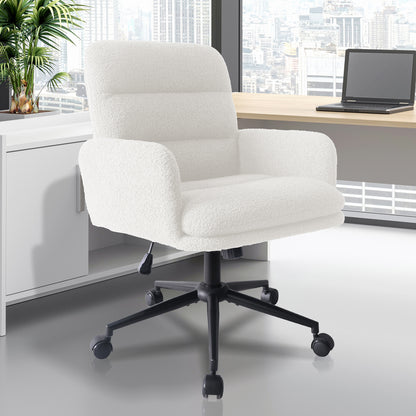 Luxo Aglaya Boucle Swivel Office Chair in Cream White featuring a plush, padded design with ergonomic support on a black swivel base, set in a modern office with a desk and city skyline backdrop.
