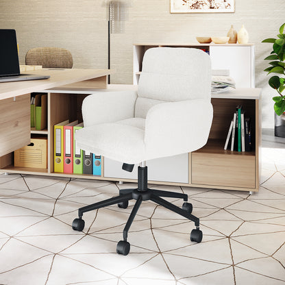 Luxo Aglaya Boucle Swivel Office Chair in Cream White, featuring white upholstery and a black caster base, situated in a modern home-office corner with a light wood desk and vibrant decor.