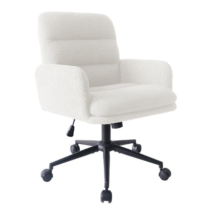 Aglaya Boucle Swivel Office Chair – Cream White, featuring a textured boucle fabric and ergonomic padded seat with armrests, shown with a close-up of the wheel for stability and smooth movement.