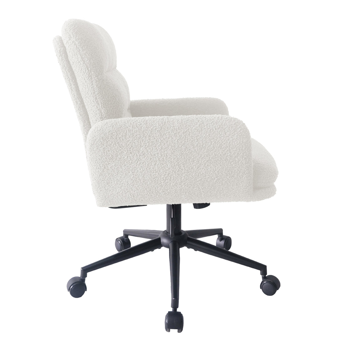 Aglaya Boucle Swivel Office Chair – Cream White | Luxo Living: Close-up of the ergonomic padded seat and boucle fabric texture, highlighting modern design and 360° swivel feature with sturdy metal base.