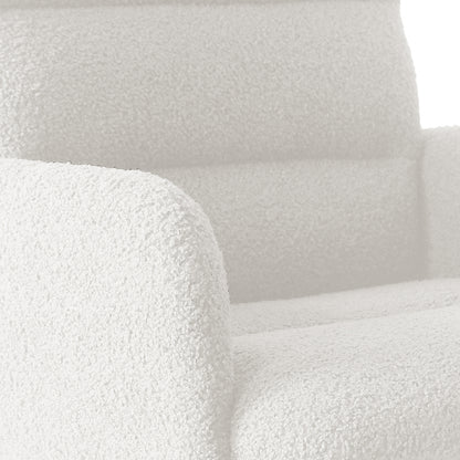 Close-up of the Luxo Aglaya Boucle Swivel Office Chair in Cream White, highlighting the textured boucle fabric on the armrest, seat, and backrest, emphasizing its plush and sophisticated design.