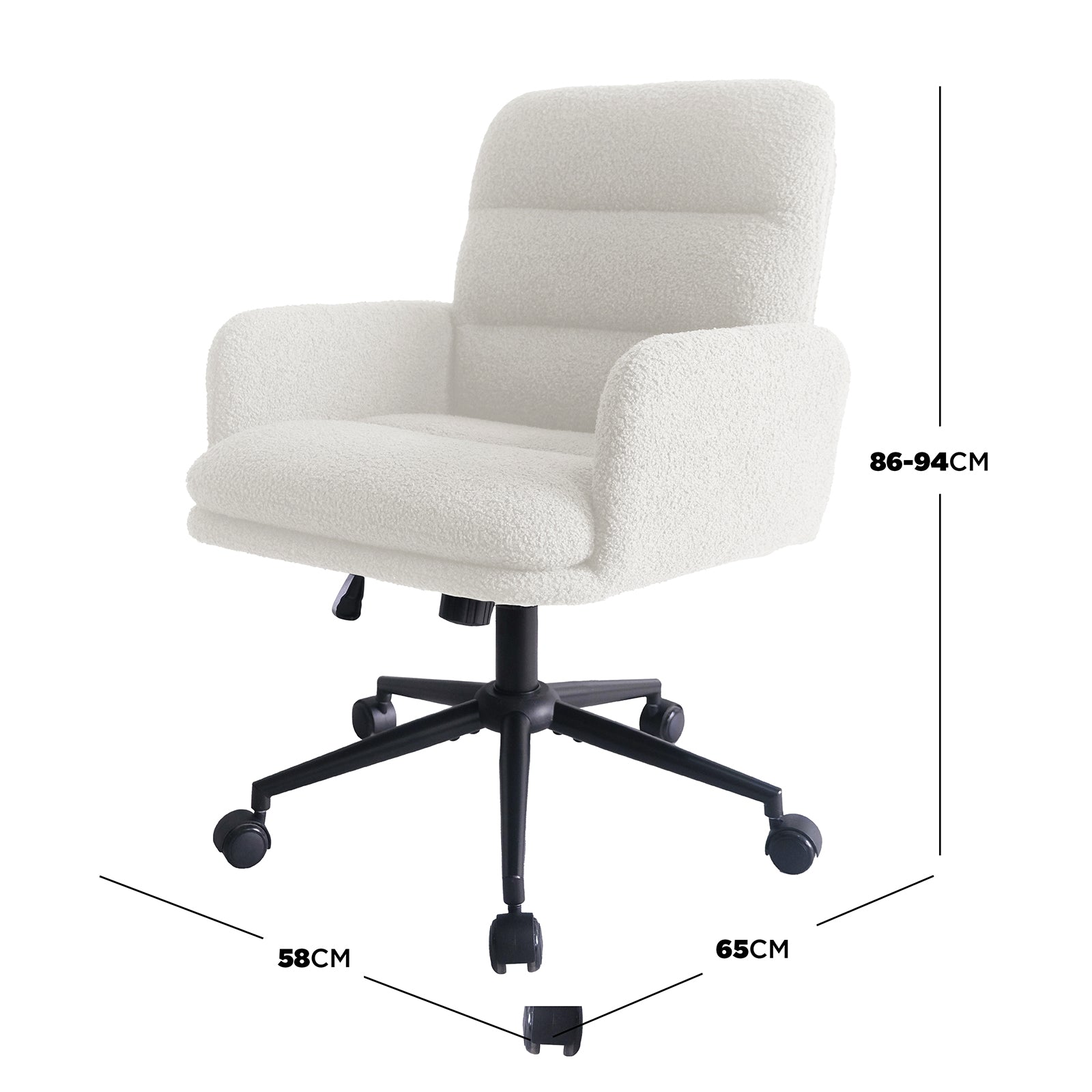 Luxo Aglaya Boucle Swivel Office Chair in Cream White, featuring height-adjustable design, horizontal channel-stitched padded backrest, integrated armrests, and a cushioned seat on a black metal swivel base with casters.