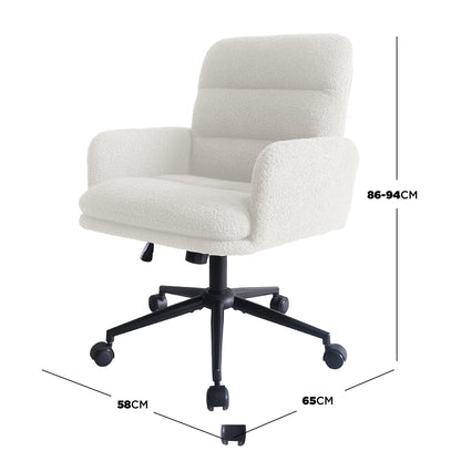 Luxo Aglaya Boucle Swivel Office Chair in Cream White, featuring height-adjustable design, horizontal channel-stitched padded backrest, integrated armrests, and a cushioned seat on a black metal swivel base with casters.