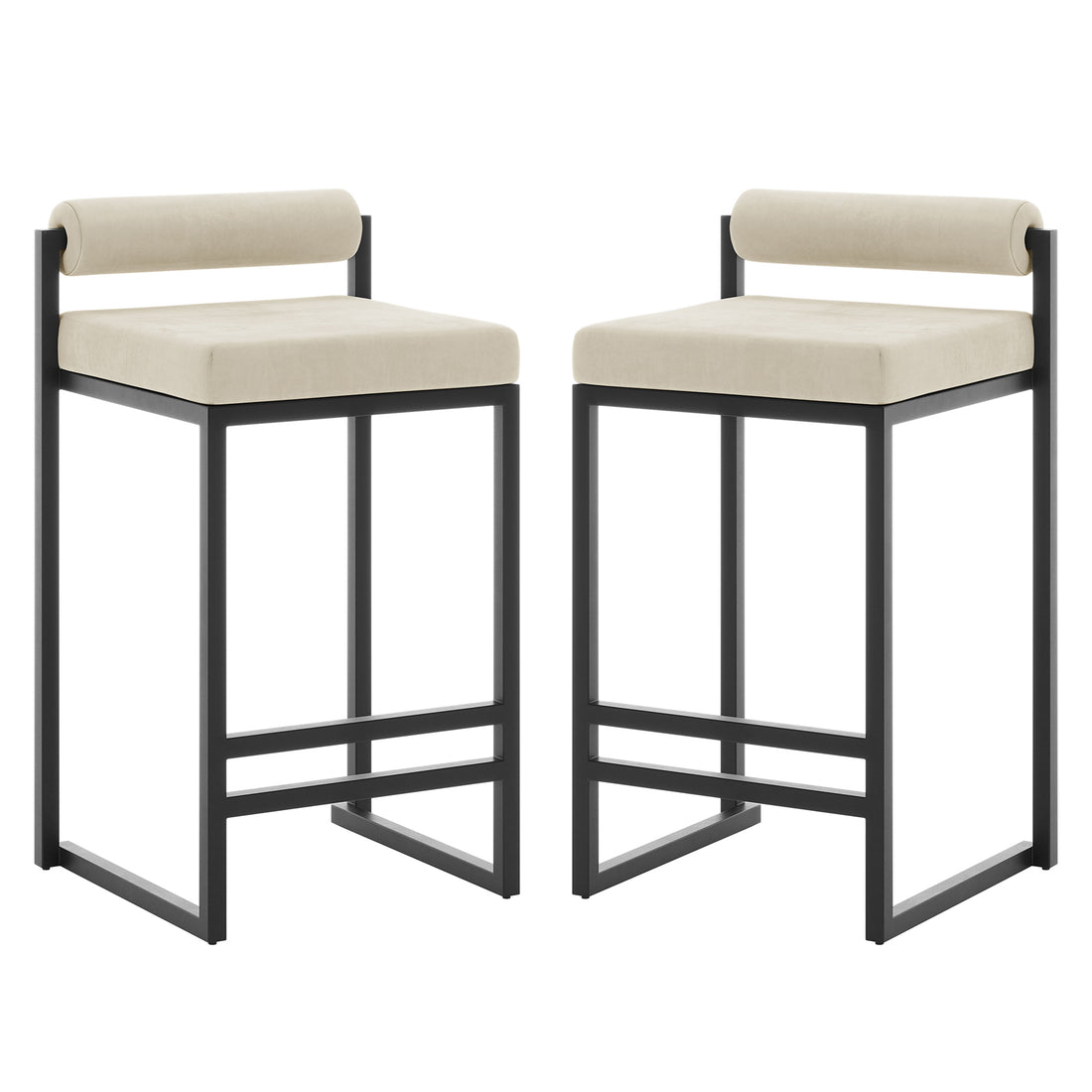 Aivy Velvet Bar Stool Beige Set of 2 showcasing a modern design with soft velvet upholstery, thick foam padding, and sleek matte black metal frames, ideal for stylish dining spaces.