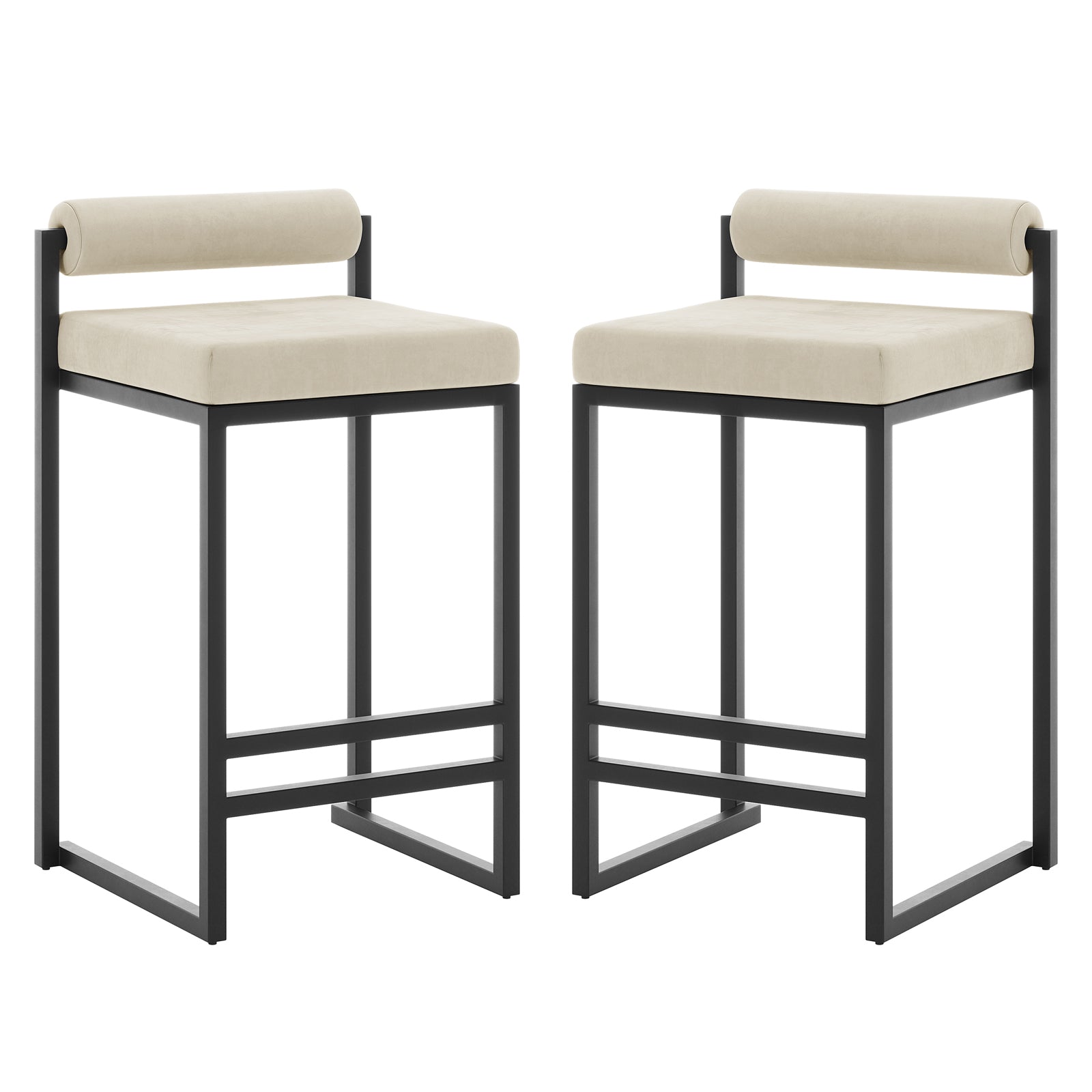 Aivy Velvet Bar Stool Beige Set of 2 showcasing a modern design with soft velvet upholstery, thick foam padding, and sleek matte black metal frames, ideal for stylish dining spaces.