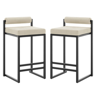 Aivy Velvet Bar Stool Beige Set of 2 showcasing a modern design with soft velvet upholstery, thick foam padding, and sleek matte black metal frames, ideal for stylish dining spaces.