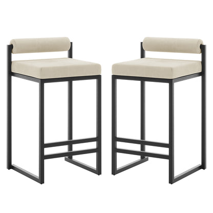 Aivy Velvet Bar Stool Beige Set of 2 showcasing a modern design with soft velvet upholstery, thick foam padding, and sleek matte black metal frames, ideal for stylish dining spaces.