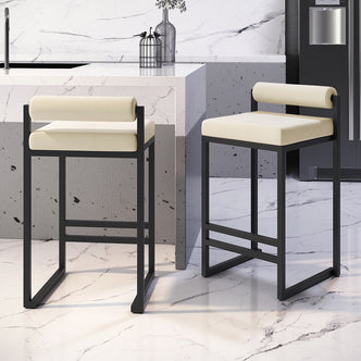 Aivy Velvet Bar Stool Beige Set of 2 features plush velvet seats on sleek black metal frames, showcasing modern elegance and functionality, ideal for dining spaces.