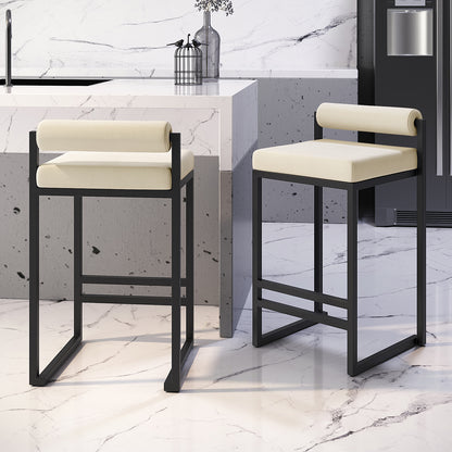Aivy Velvet Bar Stool Beige Set of 2 features plush velvet seats on sleek black metal frames, showcasing modern elegance and functionality, ideal for dining spaces.