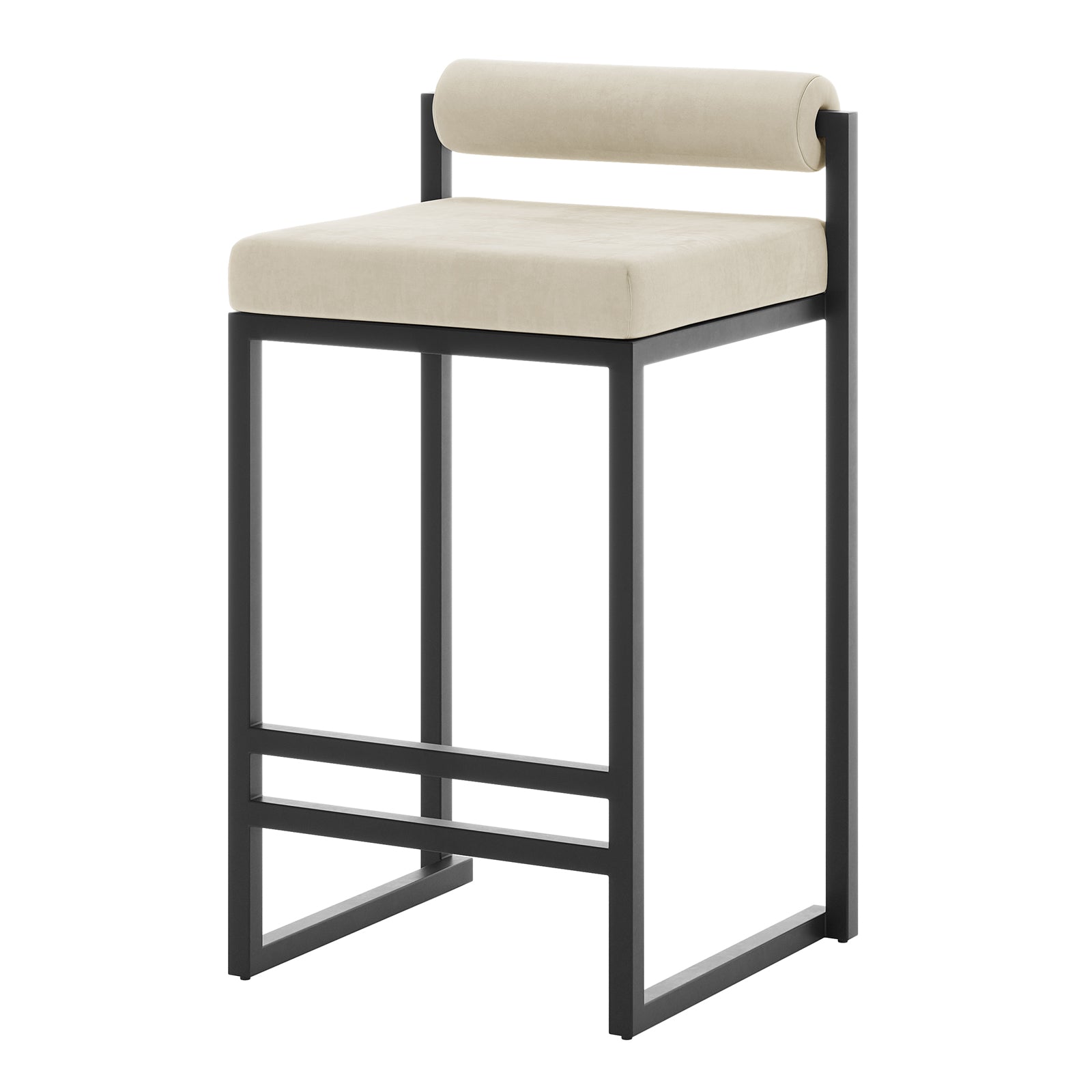 Aivy Velvet Bar Stool Set of 2 featuring white cushioned seating and a sleek black metal frame, showcasing modern design and comfort suitable for stylish dining spaces.