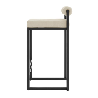 Aivy Velvet Bar Stool Beige Set of 2 features plush velvet upholstery, sleek powder-coated black metal legs, and a built-in footrest, offering modern elegance and comfort for dining spaces.