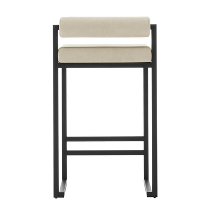 Aivy Velvet Bar Stool Beige Set of 2, featuring sleek black legs and a soft, thickly padded velvet seat, designed for modern dining spaces.