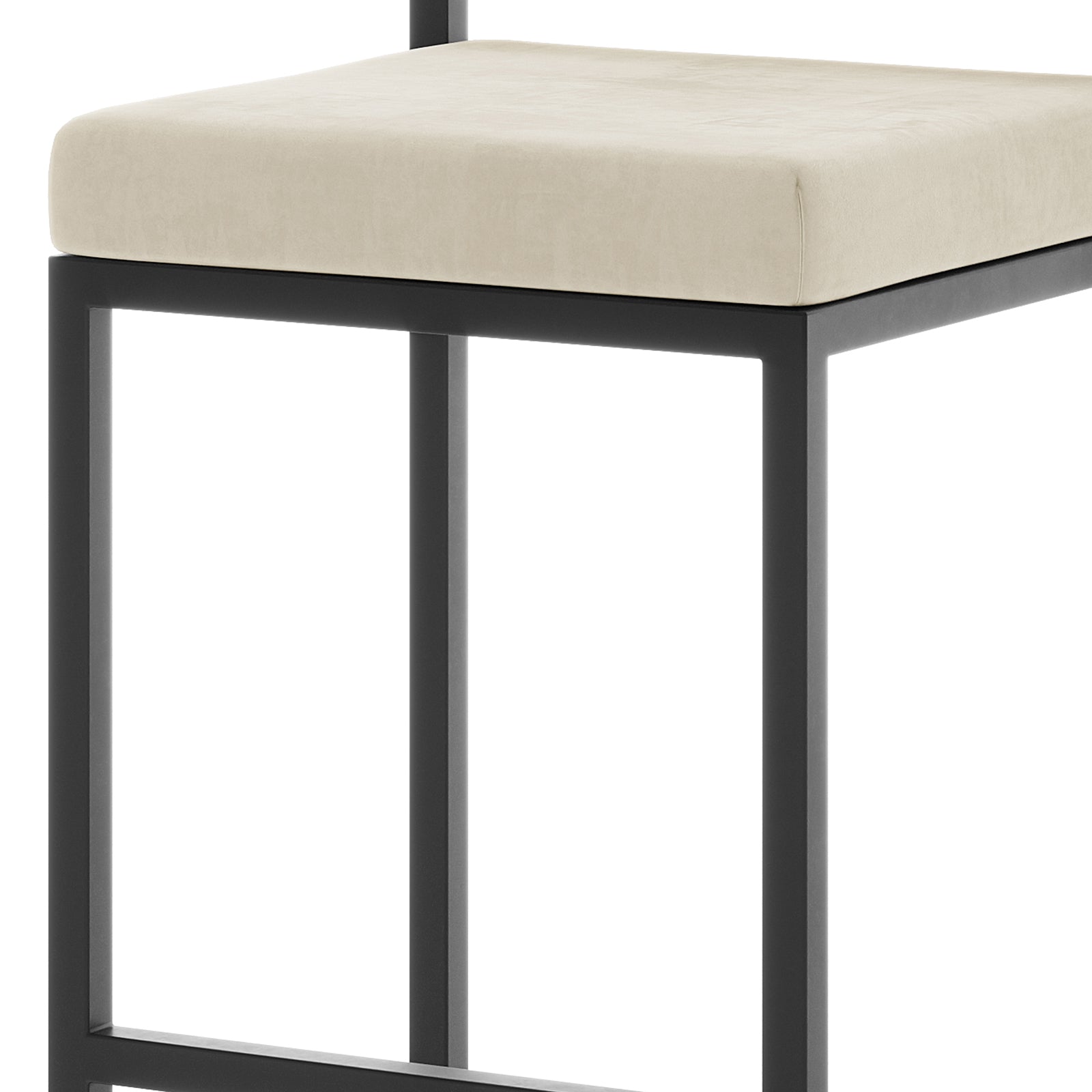 Aivy Velvet Bar Stool Beige Set of 2 with sleek powder-coated matte black metal frames and plush velvet upholstered seats, offering modern elegance and comfort for dining spaces.