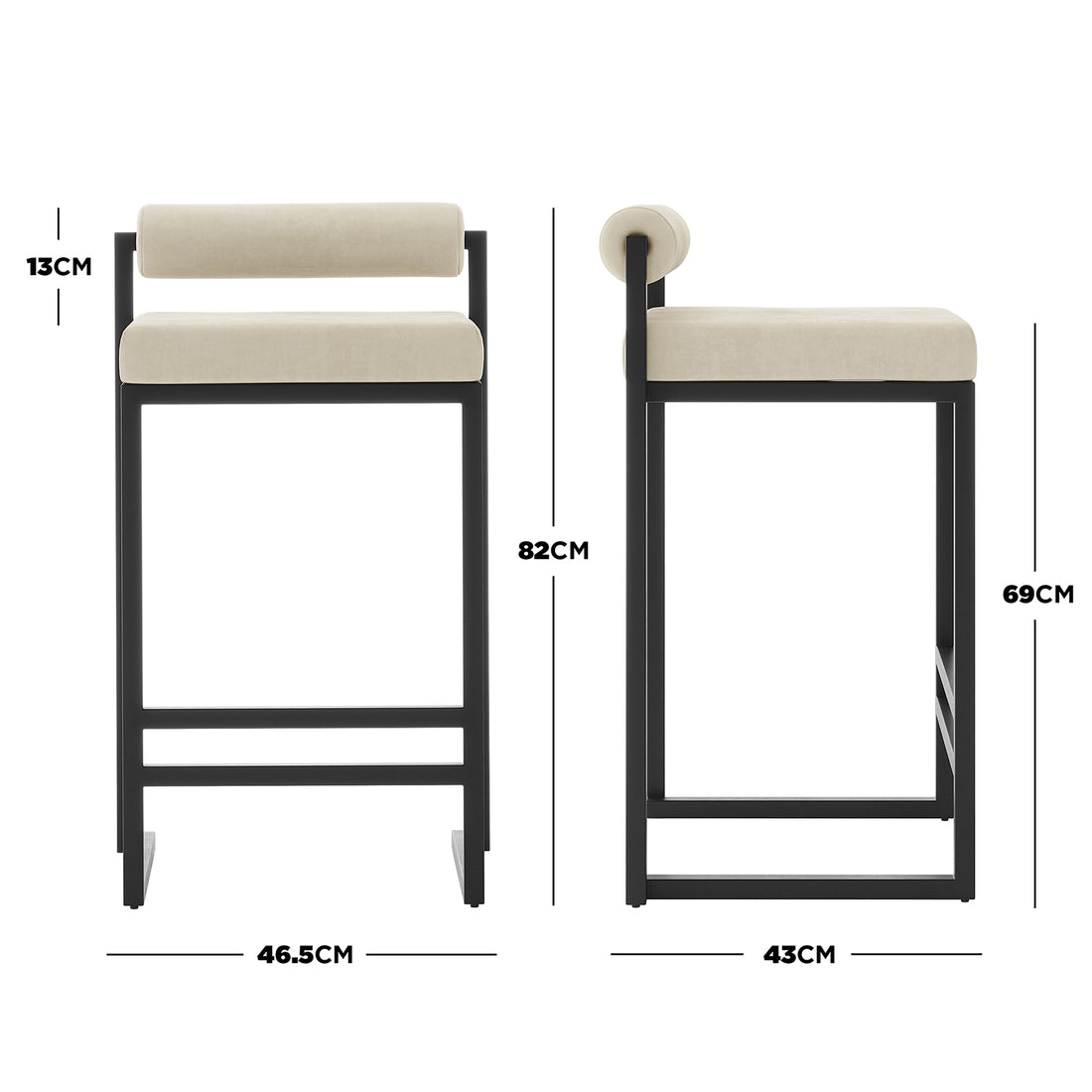 Aivy Velvet Bar Stool Beige Set of 2, featuring soft velvet upholstery, thick foam padding, and a matte black metal frame with footrest, showcasing modern design and comfort for dining spaces.