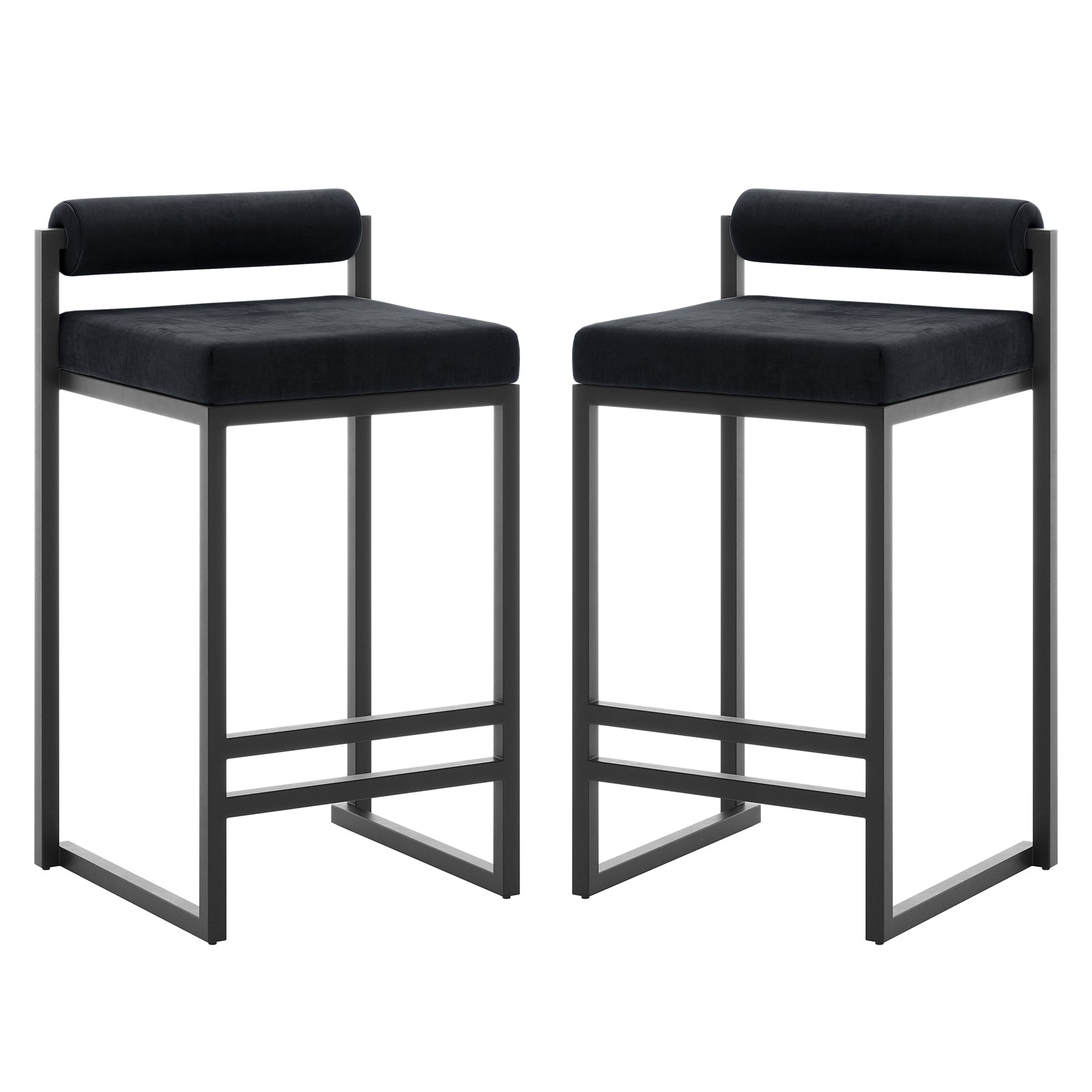 Aivy Velvet Bar Stool Black Set of 2 showcasing sleek design with velvet upholstered seats and matte black metal frames. The stools are ideal for contemporary dining spaces, emphasizing modern comfort and functionality.