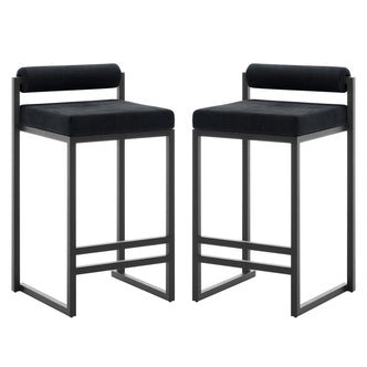 Aivy Velvet Bar Stool Black Set of 2 showcasing sleek design with velvet upholstered seats and matte black metal frames. The stools are ideal for contemporary dining spaces, emphasizing modern comfort and functionality.