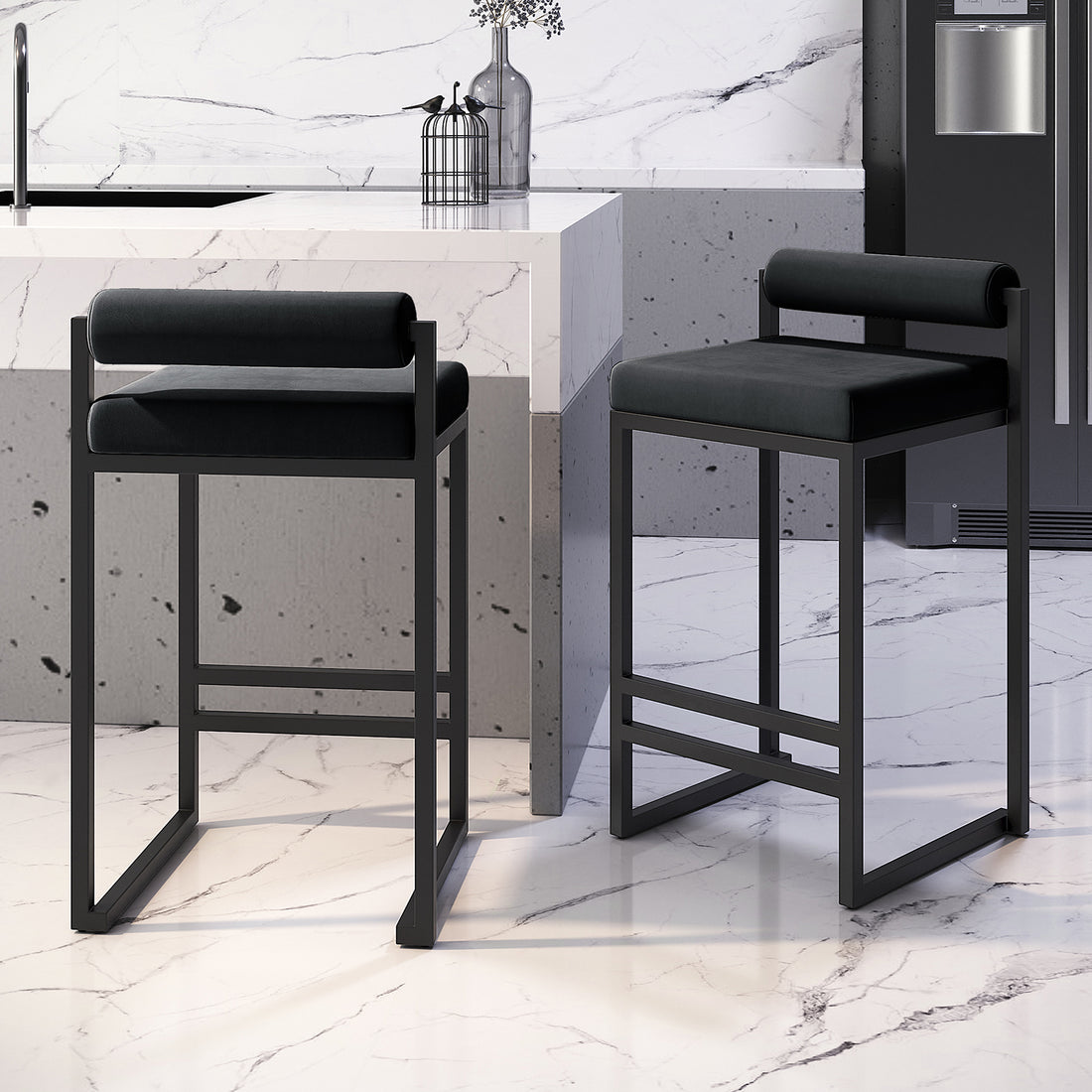Aivy Velvet Bar Stool Black Set of 2 featuring soft velvet upholstery, thick foam padding, and a sleek matte black metal frame with footrest, shown in a modern dining setting.
