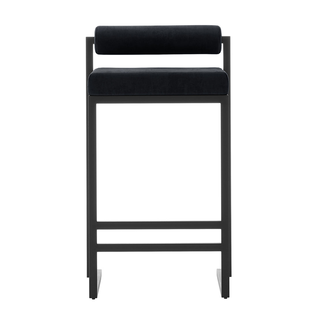 Aivy Velvet Bar Stool Black Set of 2 features a sleek design with a soft velvet seat and back, supported by a sturdy matte black metal frame, ideal for modern dining spaces.