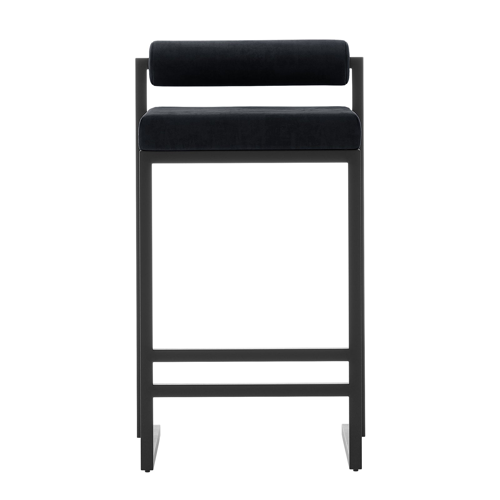Aivy Velvet Bar Stool Black Set of 2 features a sleek design with a soft velvet seat and back, supported by a sturdy matte black metal frame, ideal for modern dining spaces.