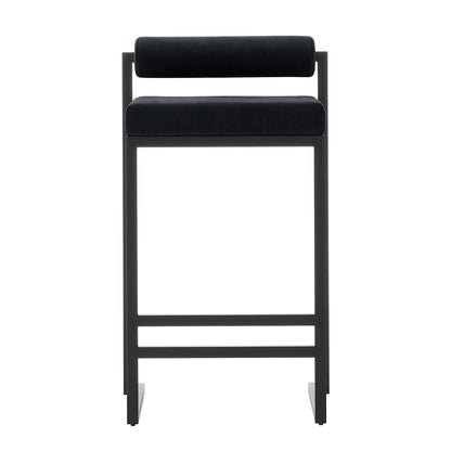 Aivy Velvet Bar Stool Black Set of 2 features a sleek design with a soft velvet seat and back, supported by a sturdy matte black metal frame, ideal for modern dining spaces.