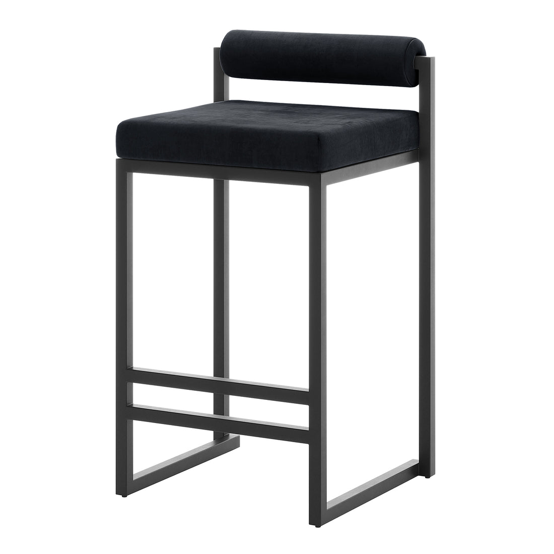 Aivy Velvet Bar Stool Black Set of 2 featuring sleek powder-coated black metal frames and plush velvet upholstered seats with thick foam padding, offering modern elegance and comfort for dining spaces.