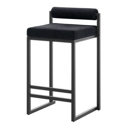 Aivy Velvet Bar Stool Black Set of 2 featuring sleek powder-coated black metal frames and plush velvet upholstered seats with thick foam padding, offering modern elegance and comfort for dining spaces.