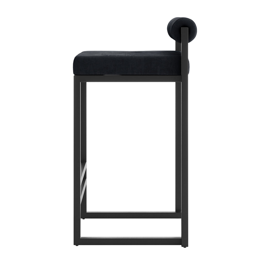 Aivy Velvet Bar Stool Black Set of 2 with sleek matte black metal frames, soft velvet upholstered seats, and built-in footrests, showcasing modern design and comfort for stylish dining spaces.