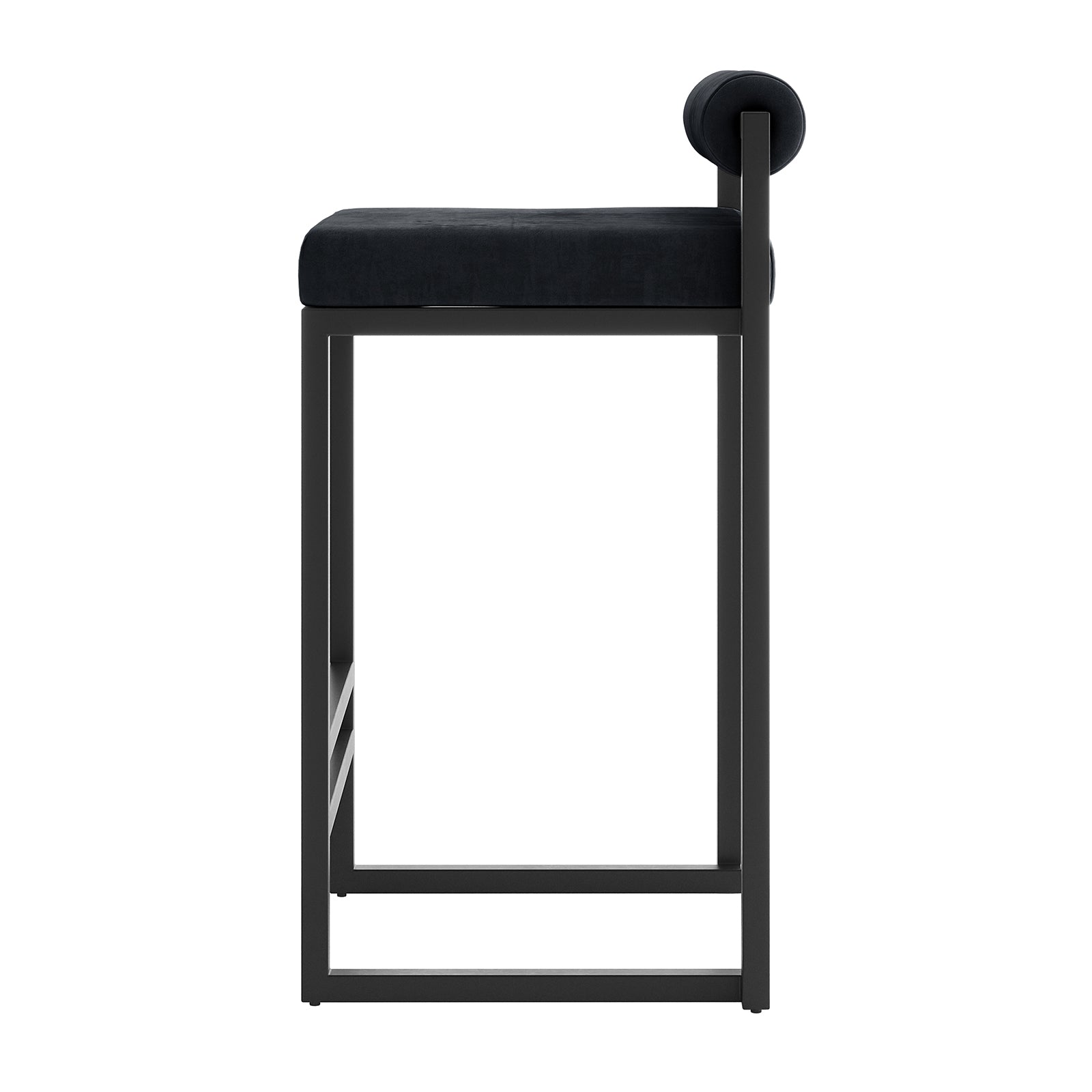 Aivy Velvet Bar Stool Black Set of 2 with sleek matte black metal frames, soft velvet upholstered seats, and built-in footrests, showcasing modern design and comfort for stylish dining spaces.