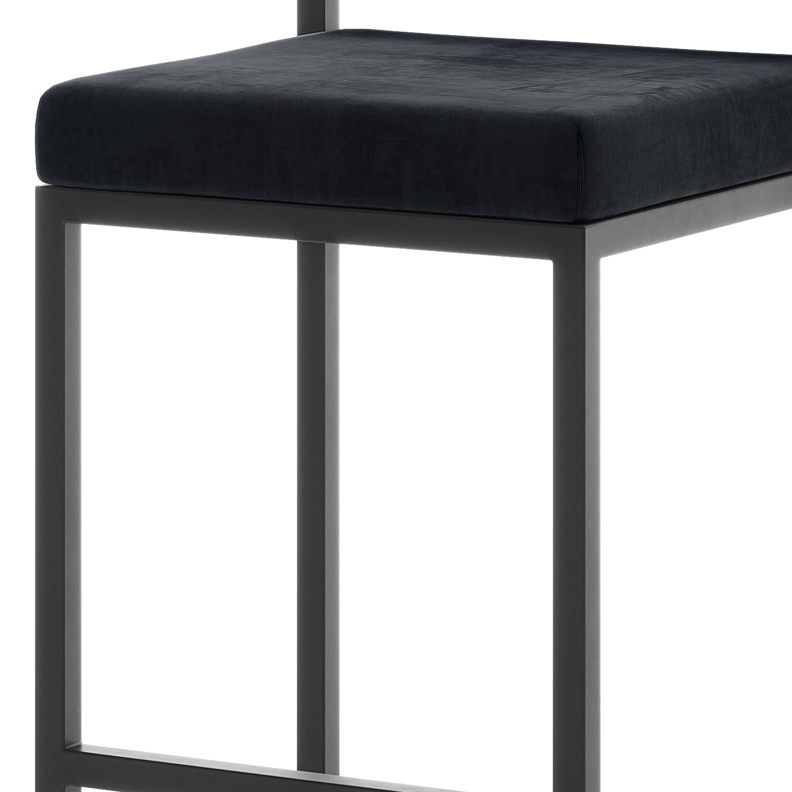 Aivy Velvet Bar Stool Black Set of 2 featuring sleek matte black metal frames and plush velvet seats, enhancing modern dining spaces with style and comfort. Perfect for kitchen islands or dining counters.