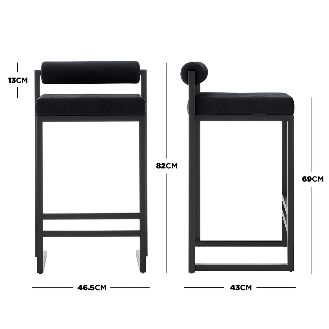 Aivy Velvet Bar Stool Black Set of 2, featuring sleek, modern design with cushioned velvet seats and a sturdy matte black metal frame, ideal for enhancing contemporary dining spaces.