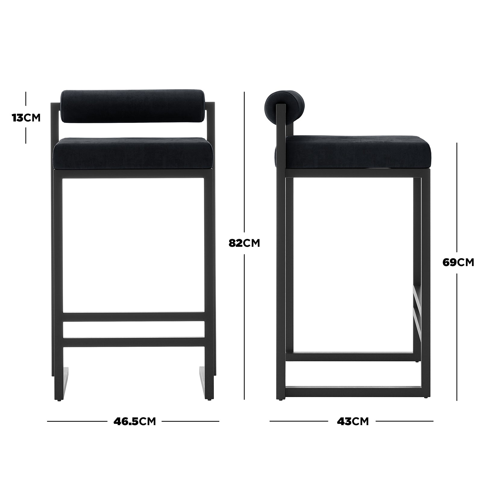 Aivy Velvet Bar Stool Black Set of 2, featuring sleek, modern design with cushioned velvet seats and a sturdy matte black metal frame, ideal for enhancing contemporary dining spaces.