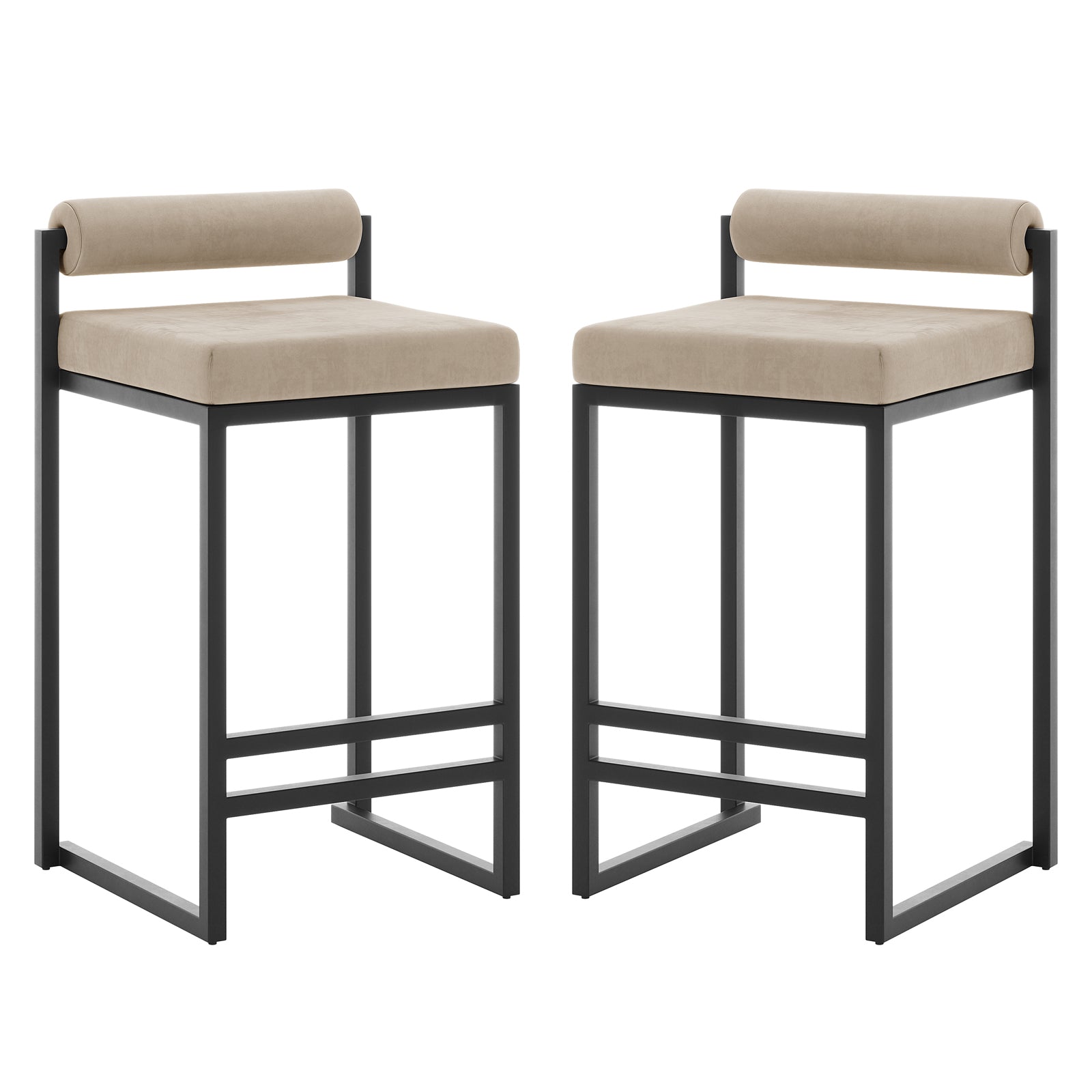Aivy Velvet Bar Stool - Set of 2, featuring plush foam padding and a sturdy black metal frame with built-in footrests, shown against a white background with a focus on design craftsmanship.