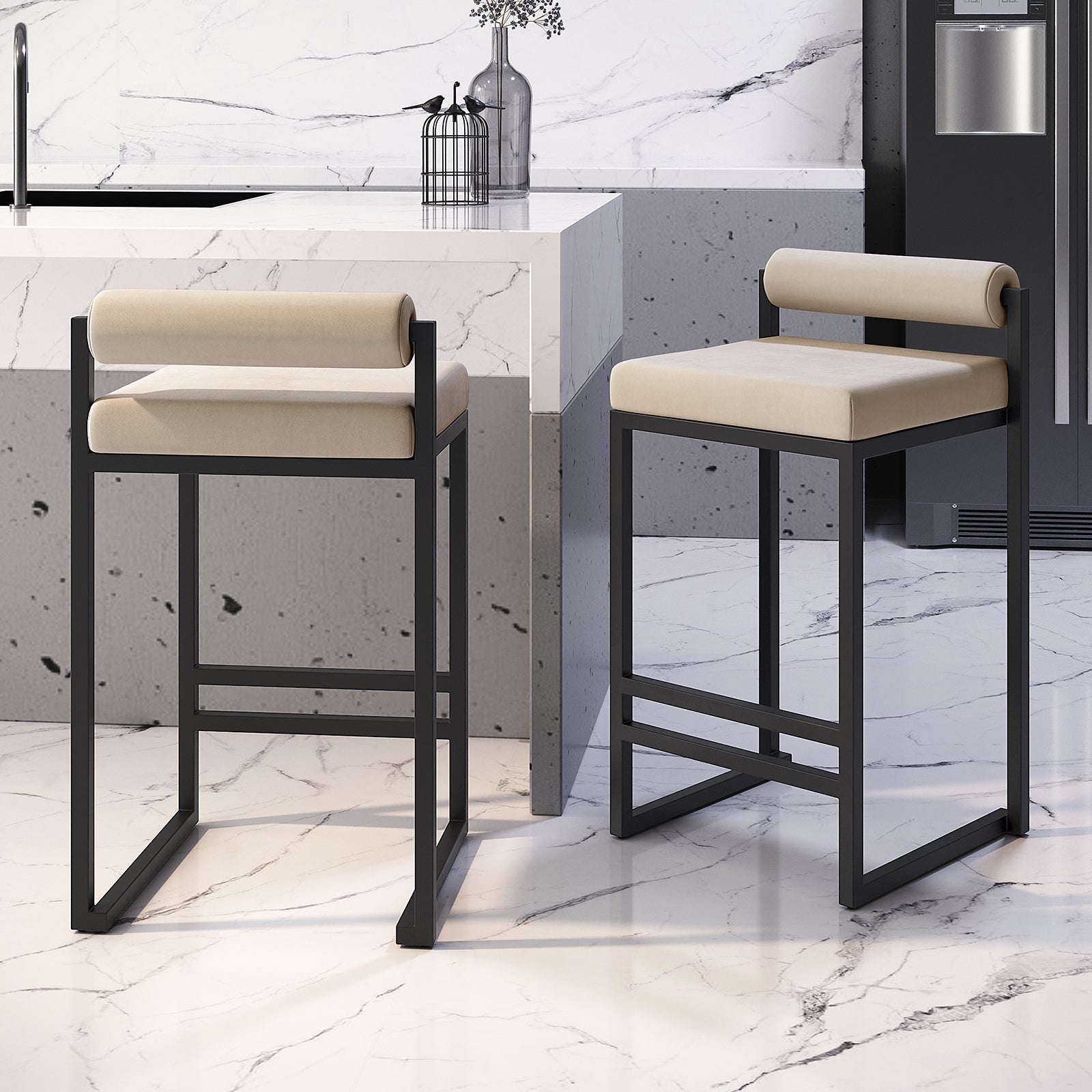 Aivy Velvet Bar Stool - Set of 2, featuring sleek velvet upholstery, plush foam seat, and sturdy black metal frame with footrest, ideal for modern kitchen or bar areas.