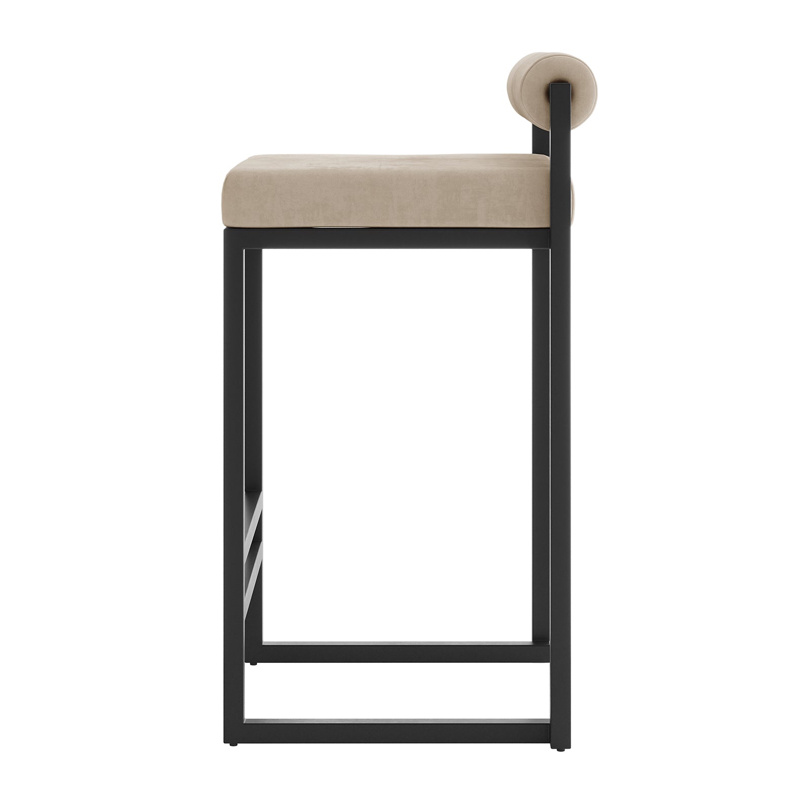 Aivy Velvet Bar Stool - Set of 2, featuring sleek velvet upholstery and a sturdy black metal frame, prominently displayed with plush foam padding and an integrated footrest for added comfort.